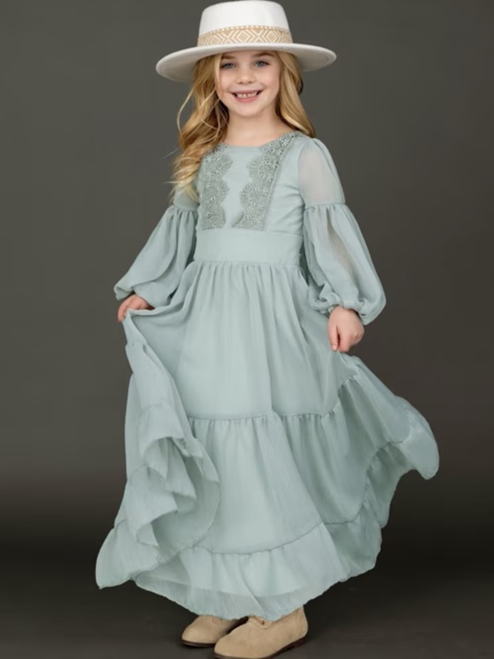 Joyfolie Ellen Girls Mist Green Long Sleeve Lace Bodice Maxi Dress